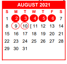District School Academic Calendar for Academy For Excellence for August 2021