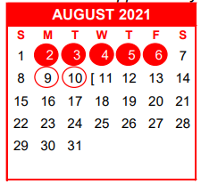 District School Academic Calendar for Nueces Co J J A E P for August 2021