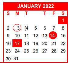 District School Academic Calendar for Academy For Excellence for January 2022