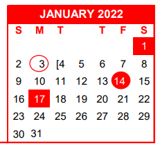 District School Academic Calendar for Nueces Co J J A E P for January 2022