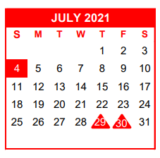 District School Academic Calendar for Academy For Excellence for July 2021