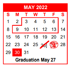 District School Academic Calendar for Alter Lrn Ctr for May 2022