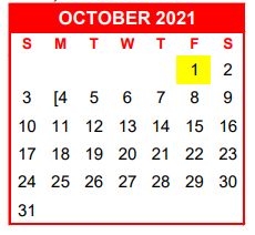 District School Academic Calendar for Academy For Excellence for October 2021