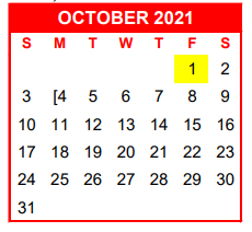 District School Academic Calendar for Nueces Co J J A E P for October 2021