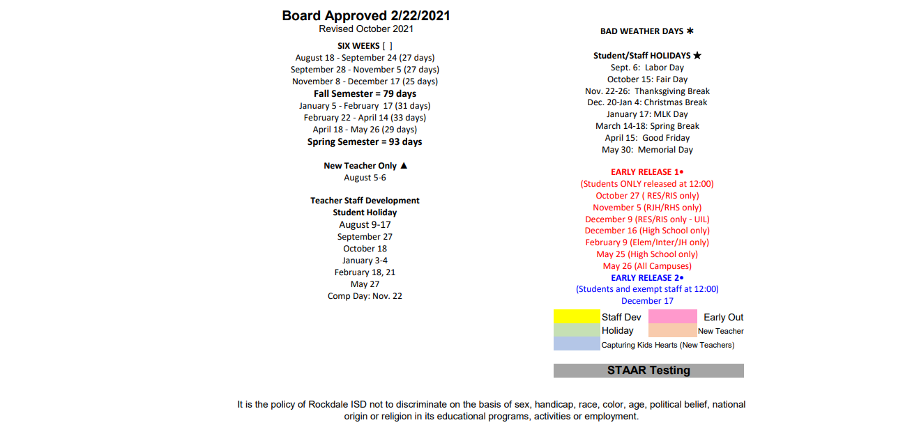 District School Academic Calendar Key for Rockdale High School