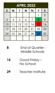 District School Academic Calendar for Ellis Arts Academy for April 2022