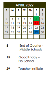 District School Academic Calendar for Mcintosh Science And Tech Magnet for April 2022