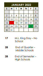 District School Academic Calendar for Clifford P Carlson Elem School for January 2022