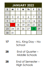 District School Academic Calendar for Skyview Center for January 2022