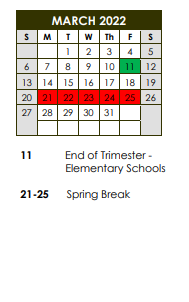 District School Academic Calendar for Clifford P Carlson Elem School for March 2022