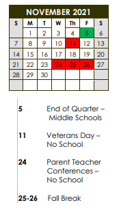 District School Academic Calendar for Cherry Valley Elem School for November 2021