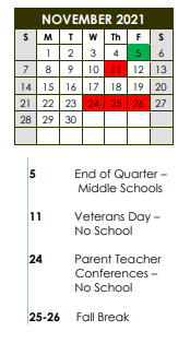 District School Academic Calendar for Rockford Envrnmntl Science Acad for November 2021