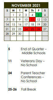 District School Academic Calendar for Brookview Elem School for November 2021