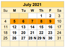 District School Academic Calendar for Bell County Jjaep for July 2021