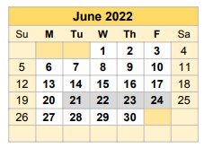District School Academic Calendar for Bell County Jjaep for June 2022