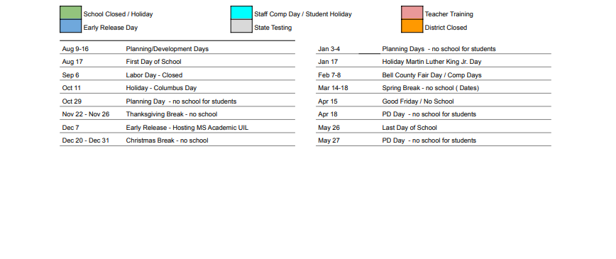 District School Academic Calendar Key for Rogers Elementary