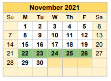 District School Academic Calendar for Bell County Jjaep for November 2021