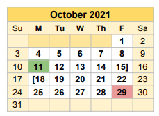 District School Academic Calendar for Bell County Jjaep for October 2021