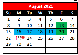 District School Academic Calendar for Vera El for August 2021