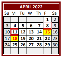 District School Academic Calendar for Lubbock Co Youth Ctr for April 2022