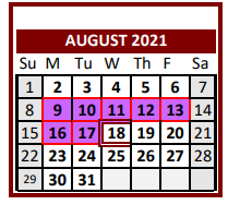 District School Academic Calendar for Lubbock Co Youth Ctr for August 2021