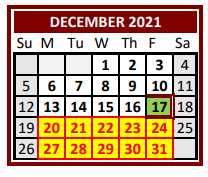 District School Academic Calendar for Lubbock Co Youth Ctr for December 2021