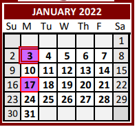 District School Academic Calendar for Lubbock Co Youth Ctr for January 2022