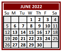 District School Academic Calendar for Lubbock Co Youth Ctr for June 2022