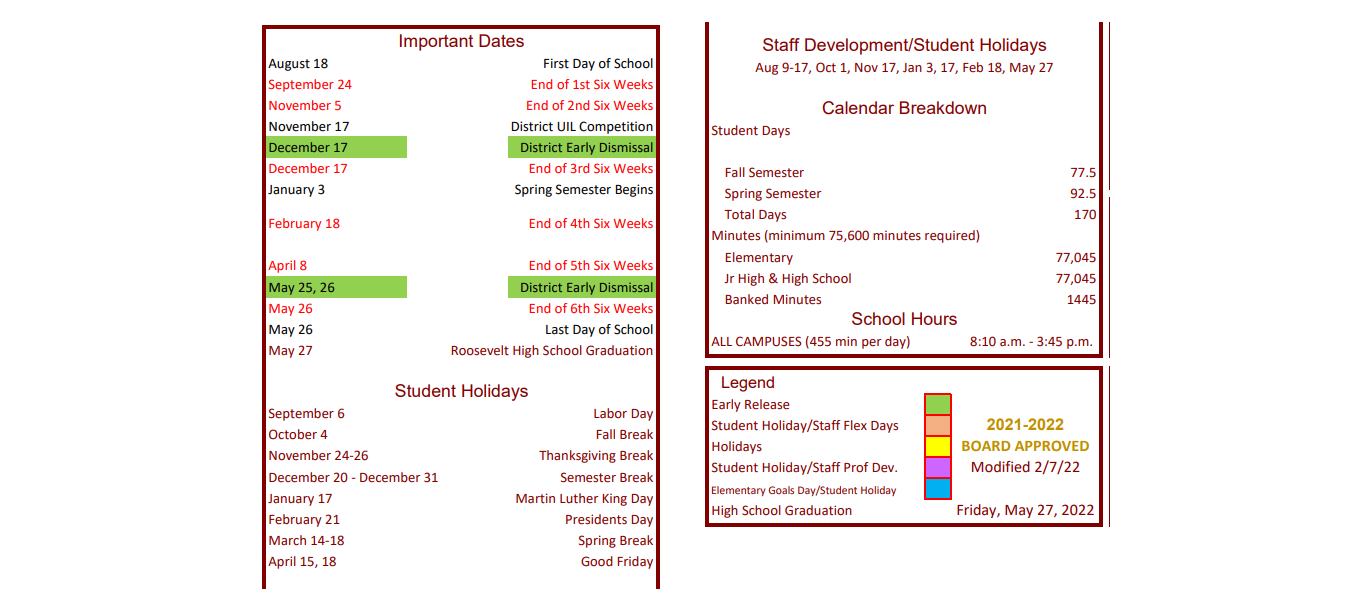 District School Academic Calendar Key for Roosevelt Junior High