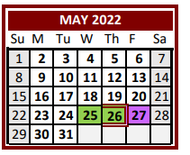 District School Academic Calendar for Lubbock Co Youth Ctr for May 2022