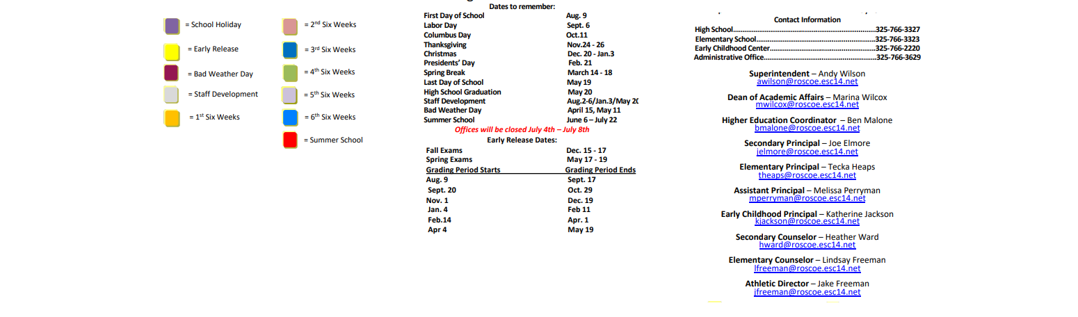 District School Academic Calendar Key for Roscoe Elementary