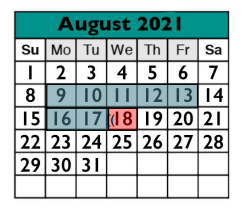 District School Academic Calendar for Success Program East for August 2021