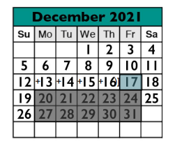 District School Academic Calendar for Stony Point Ninth Grade Campus for December 2021