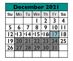 District School Academic Calendar for Cedar Valley Middle for December 2021