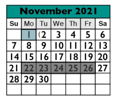 District School Academic Calendar for Williamson Co J J A E P for November 2021