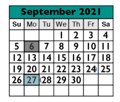 District School Academic Calendar for Success Program East for September 2021