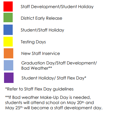 District School Academic Calendar Legend for Rusk Junior High