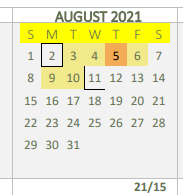 District School Academic Calendar for Sabine Elementary for August 2021