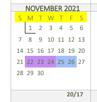 District School Academic Calendar for Sabine Middle for November 2021