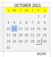 District School Academic Calendar for Sabine Middle for October 2021
