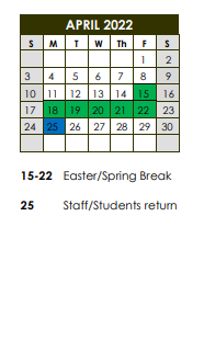 District School Academic Calendar for Plaisance Elementary School for April 2022
