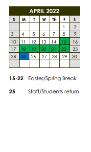 District School Academic Calendar for Port Barre Middle School for April 2022