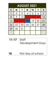 District School Academic Calendar for Arnaudville Elementary School for August 2021