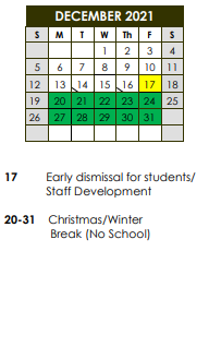 District School Academic Calendar for Port Barre High School for December 2021