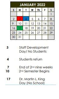 District School Academic Calendar for East Elementary School for January 2022