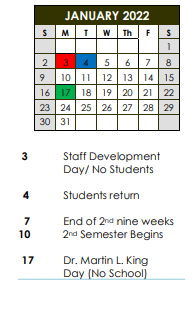 District School Academic Calendar for Southwest Elementary School for January 2022