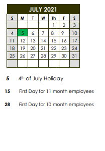 District School Academic Calendar for East Elementary School for July 2021