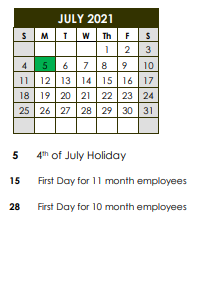 District School Academic Calendar for Port Barre Elementary School for July 2021