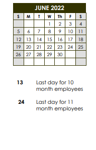 District School Academic Calendar for Sunset Elementary School for June 2022