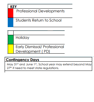 District School Academic Calendar Legend for East Elementary School